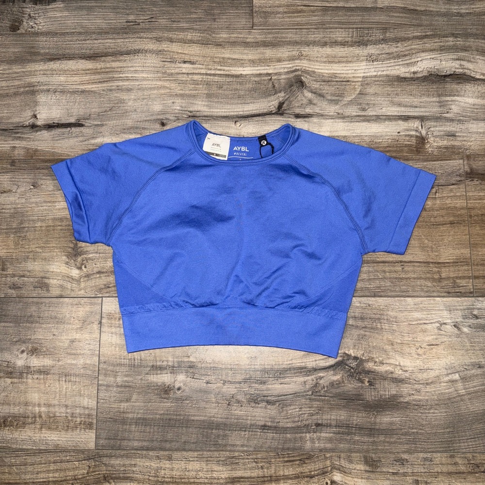 AYBL Women's Seamless Cropped Short Sleeve Gym Top Blue Size Small Workout Tee